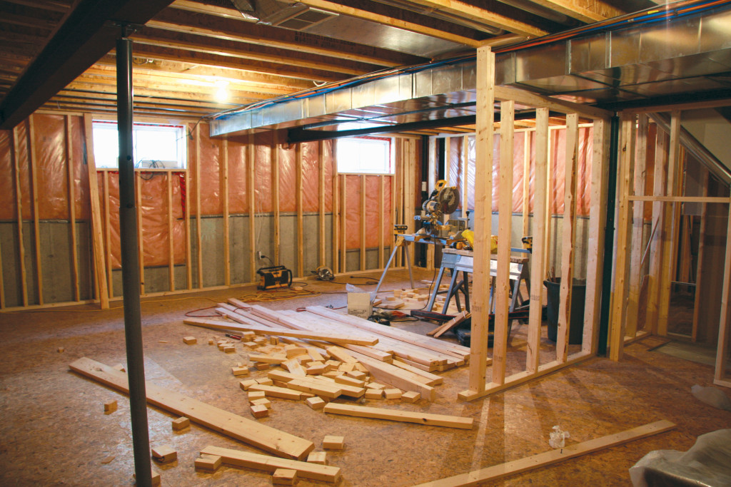 basement renovation home with construction materials