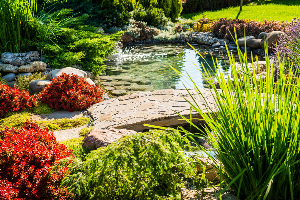 a beautiful landscaped garden with water feature