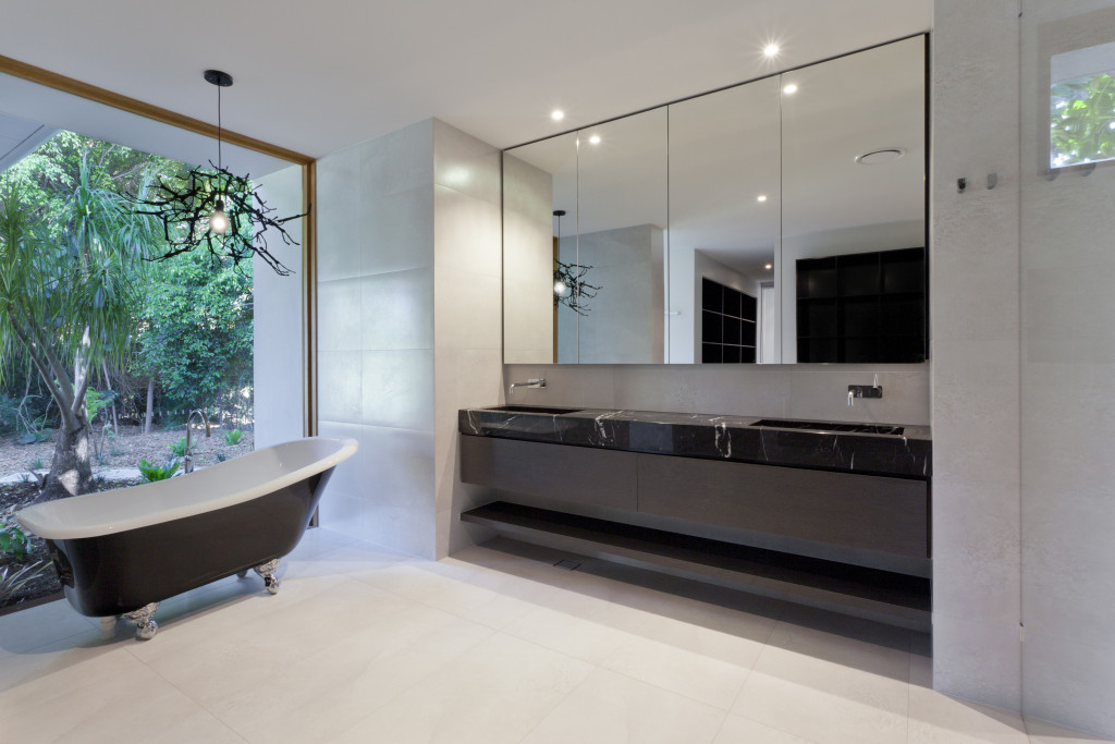 A luxury bathroom with sophisticated fixtures