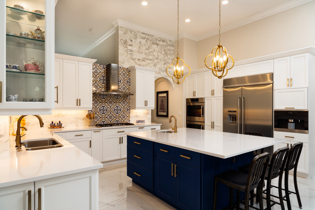 elegant kitchen space with hanging lights